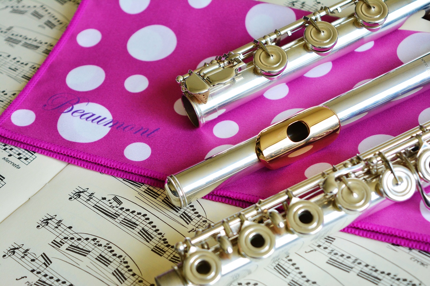 flute on pink polka cloth